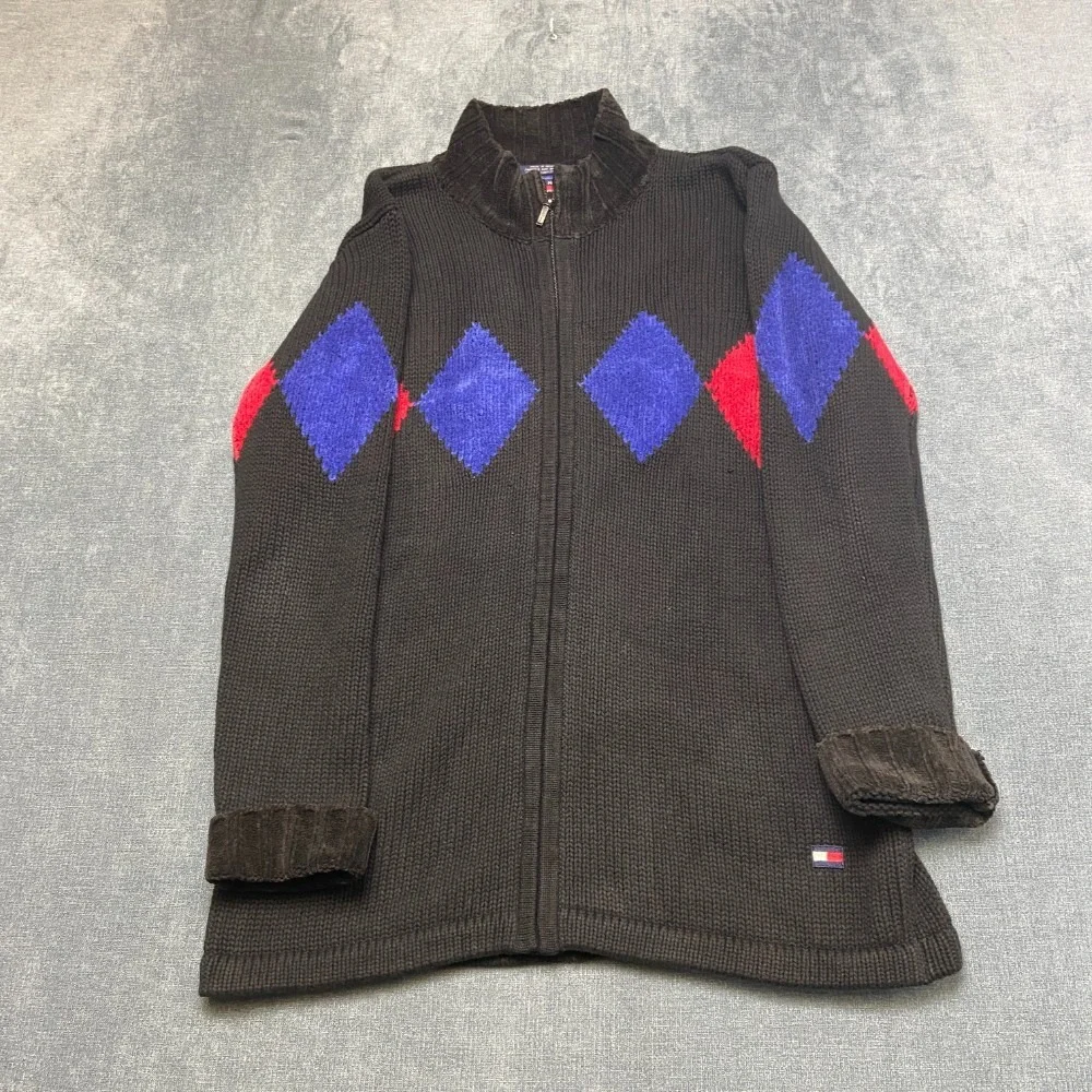 Vintage Tommy Hilfiger Sweater Mens S Black Diamond Mock Neck Knitted Full Zip